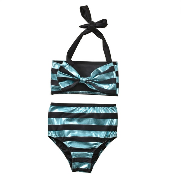 AVEKI Baby Girl Set Shiny Stripes Baddräkt Barn Halter Toppar Shorts med hög midja Baddräkt Strandkläder, 18-24 månader, blå