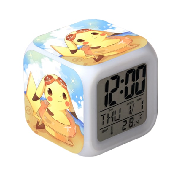 Pikachu Färgglad Väckarklocka LED Kvadratisk Klocka Digital Väckarklocka med Tid, Temperatur, Alarm, Datum
