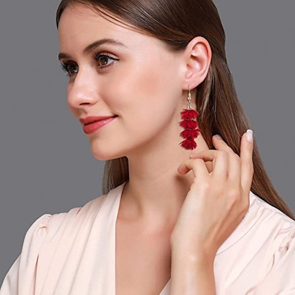 Bohemia Bohemia Lange Multi Lagdelt Blomster Chiffon Rose Øreringe Kvinders Fahsion Smykker Vedhæng Guld Øreringe (Rød)