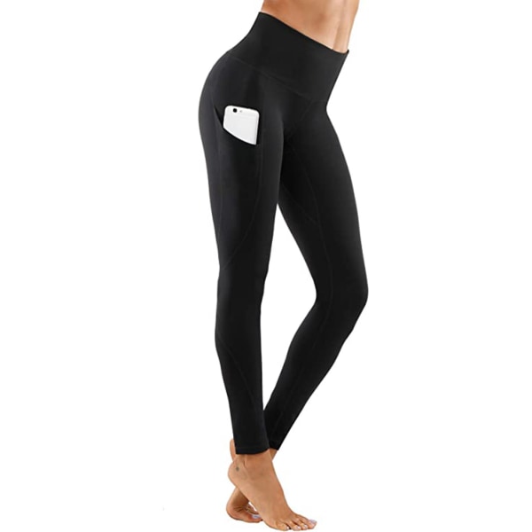 yogabyxor med fickor för kvinnor Hög midja europeiska och amerikanska utomhuslöpsport fitness för kvinnor leggings för kvinnor s（svart）