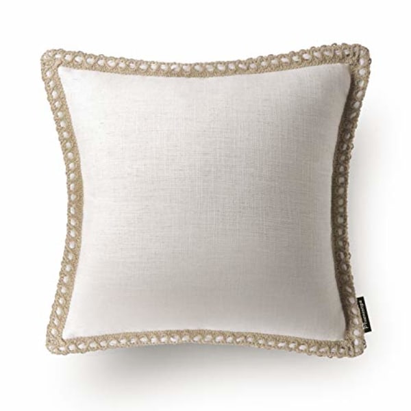 Pack of 2 Farmhouse Decorative Throw Pillow Covers Burlap Linen Trimmed Tailored Edges Off White 20 x 20 inches, 50 x 50 cm