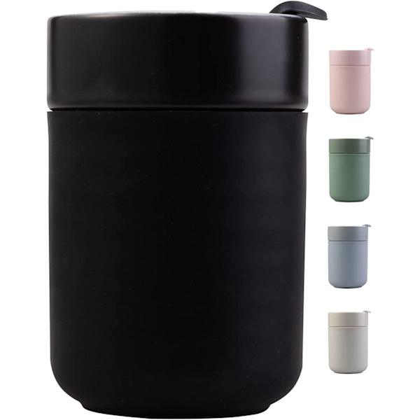 Keramisk kaffemugg med lock, återanvändbar isolerad keramisk söt resemugg med silikonfodral, 10 uns, (svart)