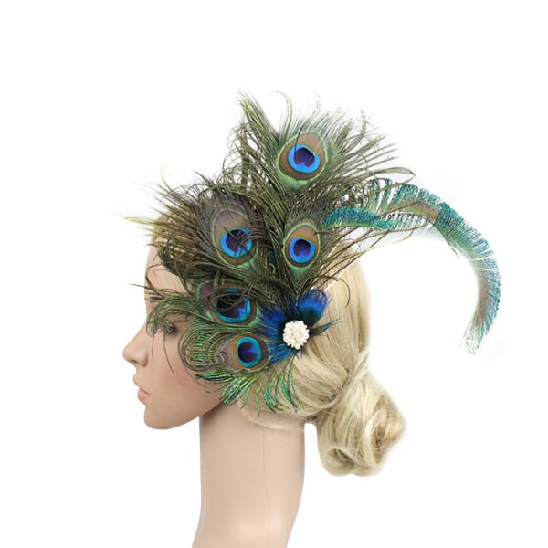 Påfågel Fjäder Fascinator Klämmor Hårprydnad Flapper Hårklämmor Kentucky Gatsby Tea Party Bröllop Derby Prestation för Kvinnor Grön