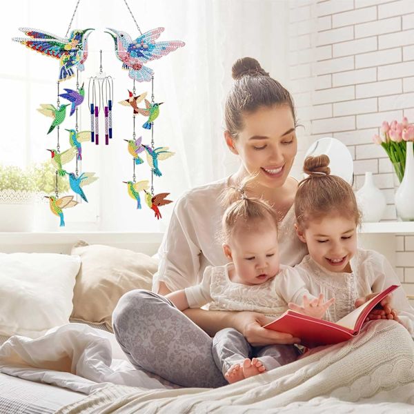 Diamantmålning Vindspel, Solfångare Konst Vindspel Kit Dubbelsidig 5D Fjäril och Kolibri Hängande Ornament för Vuxna Hummingbird B