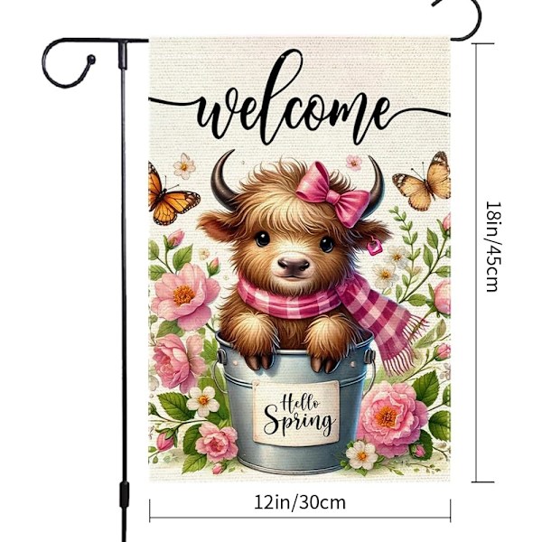 12x18 Tum Dubbelsidig Säckväv Trädgårdsflagga, Hello Spring Kalv Fjäril Gårdsdekor 30cm*51cm