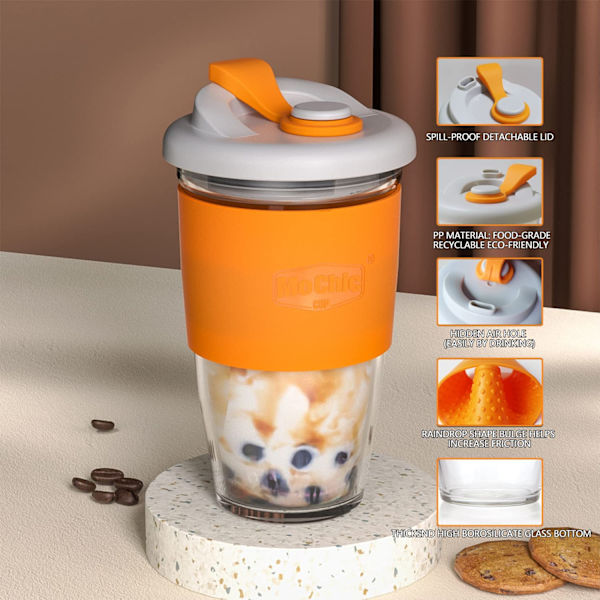 Återanvändbar kaffekopp i glas med lock och halkfri hylsa - Säker, bärbar, hållbar dricksmugg - BPA-fri (orange, 454 ml)