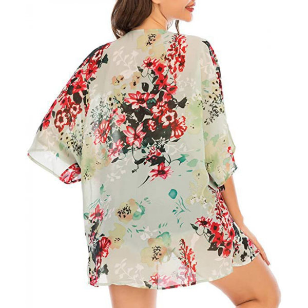 Blommigt print ärm för damer Kimono Cardigan Lös Cover Up Casual blus Toppar ---Grönt print （Storlek L）