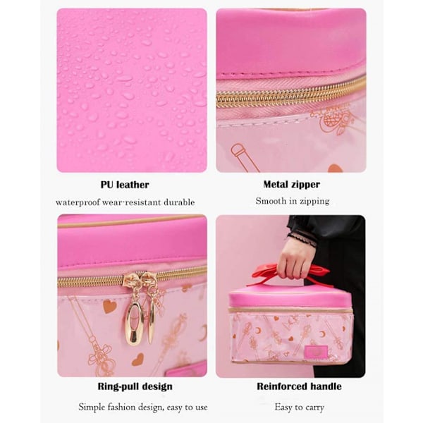 AVEKI Sailor Moon sminkväska, bärbar rese-kosmetikaväska i läder, sminkorganisatör, present till flickor och kvinnor, rosa