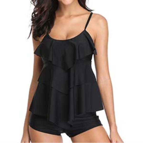 Kvinnors Tankini Badkläder Två Delar Mage Badkläder Volang Bad Tank Top med Pojk Shorts Badkläder (svart)L