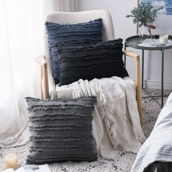 Set med 2 dekorativa Boho-kuddfodral i linne med randigt jacquardmönster, kuddfodral för soffa, vardagsrum, sovrum, 12x20 tum, svart