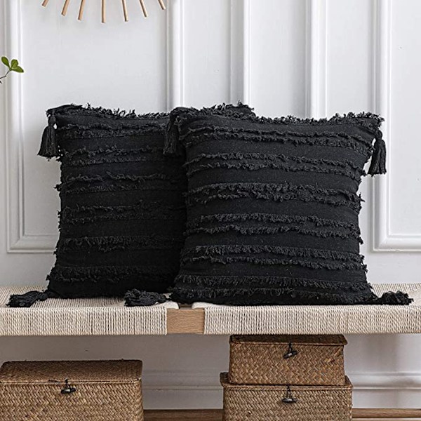 Kuddfodral 18x18 tum  Randig Jacquard Bomullslinne Dekorativa Kuddfodral för Heminredning Soffa  Lantliv Vardagsrum Sovrum (Svart)