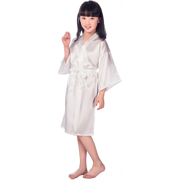 Barnens siden kimono bröllopsklänning morgonrock kimono morgonrockar nattkläder ------ Vit（Storlek 12）