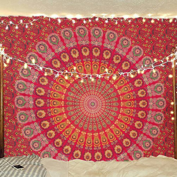 Wekity hippie Bohemian Psychedelic Golden Blue Peacock Mandala vægophæng sengetæppe (Golden Red, Størrelse: 70,9\" x 90,6\")