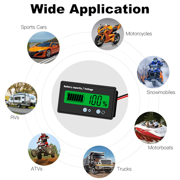 12V 24V 36V 48V Blybatteri & Lithium Batteritest LCD Display Batterikapacitetsindikator Batterimonitor