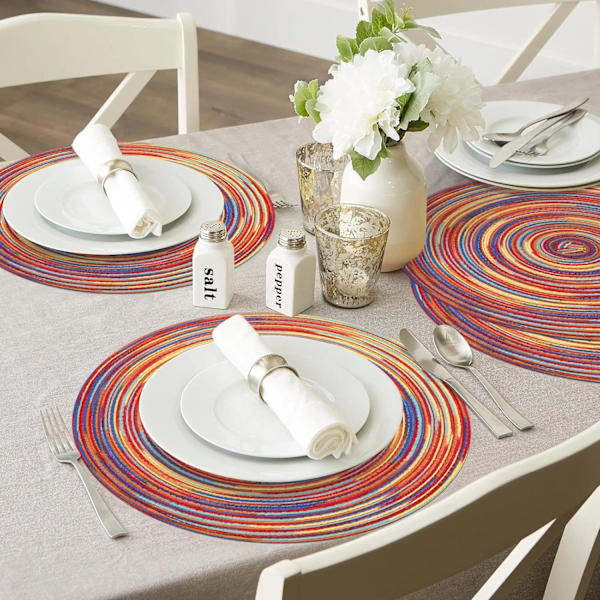 Runde flettede plassmatter, sett med 4, fargerike plassmatter for spisebord, festpynt (regnbue rød, 4) Rainbow Red 4