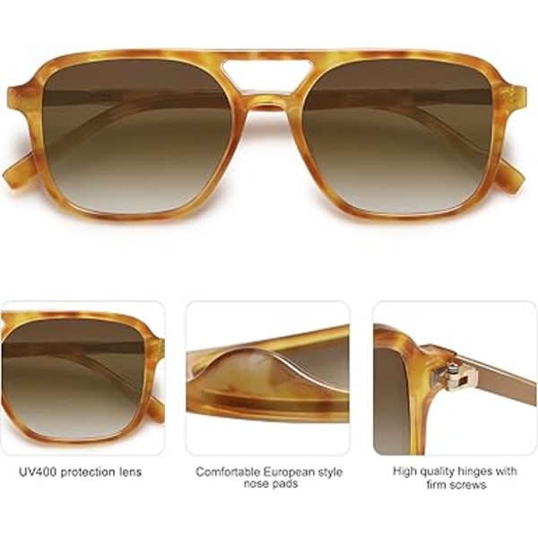 Retro Aviator Solbriller til Kvinder Mænd, Trendy Rektangulære Dame Herre Solbriller SJ2202 Tortoise Frame/Grey Lens