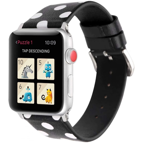 Sødt prikket læderarmbånd til kvinder og piger, kompatibel med Apple Watch Series 6/SE/5/4 40mm og Series 3/2/1 38mm - Sort med hvid, 38/40mm