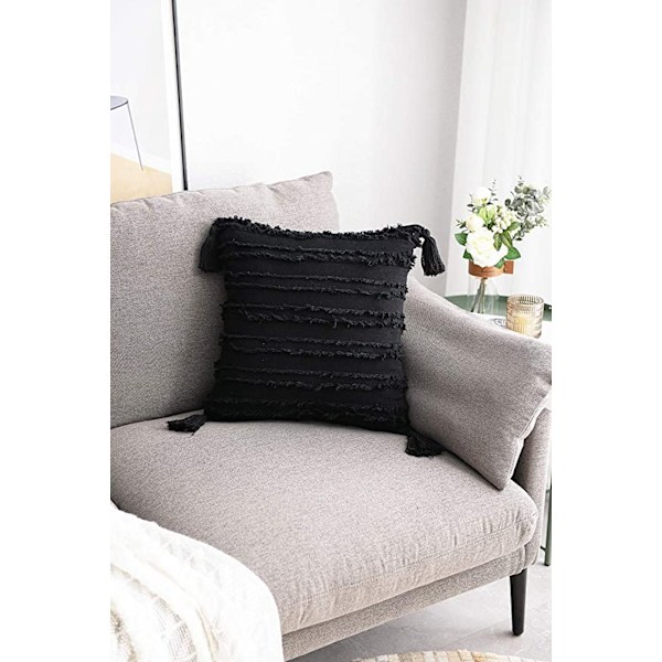 Kuddfodral 18x18 tum  Randig Jacquard Bomullslinne Dekorativa Kuddfodral för Heminredning Soffa  Lantliv Vardagsrum Sovrum (Svart)
