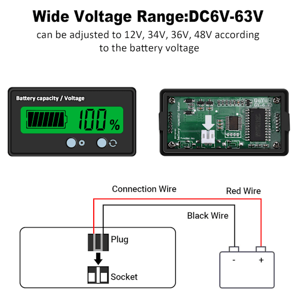12V 24V 36V 48V Blybatteri & Lithium Batteritest LCD Display Batterikapacitetsindikator Batterimonitor