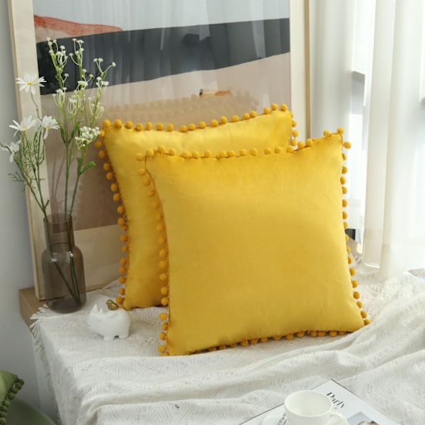 Kuddfodral 16x16 tum / 40x40 cm 2-pack Mysig Mjuk Pompom Sammet Fyrkantig Dekorativ Kuddfodral för Lanthus Dekoration (Höst Doft)