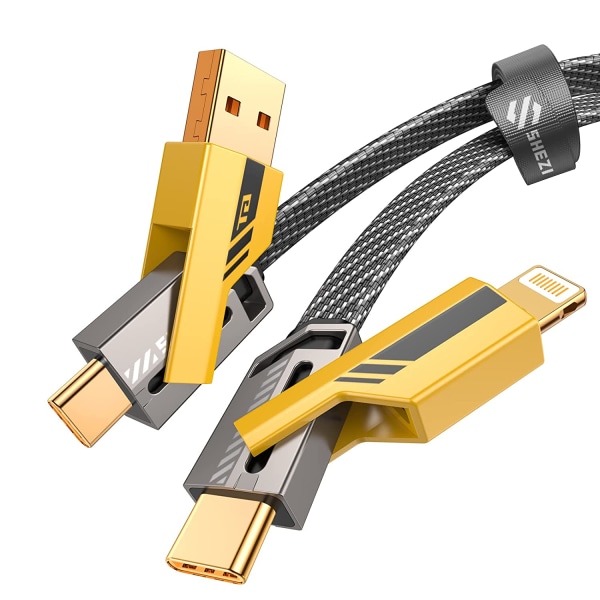 4-i-1 USB C-kabel Lightning-kabel 60W [Snabbladdning och datasynkronisering] Flatvävd anti-trassel iPhone-laddningskabel med kardborre (gul)
