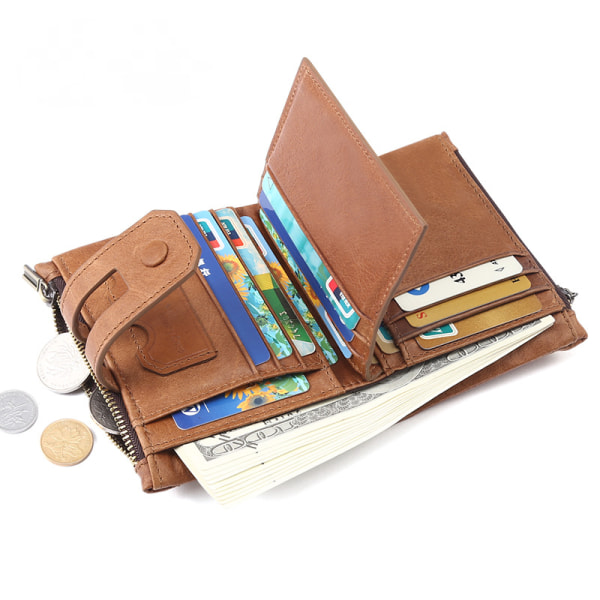 Herrplånbok RFID-blockerande läderplånböcker med myntficka med dragkedja Kreditkortshållare Stöldskyddsväska (ljusbrun)
