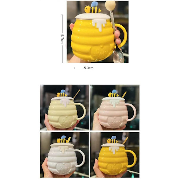 400 ml Mehiläis-Muki, söpö 3D-reliefi, keramiikka, luova keittiö- ja toimistokahvi- ja maitojuomamuki kannen ja lusikan kanssa (Syvä Keltainen 1)