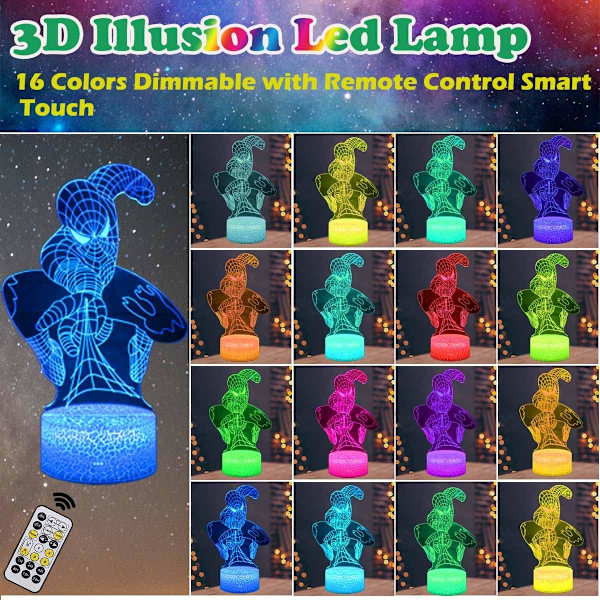 WJ 3D Illusion LED-lampe Superhelt 3D Natlampe til børn 16 farver skiftende berøring og fjernbetjening Dekorlampe til drenge piger julegaver Spindelmannen