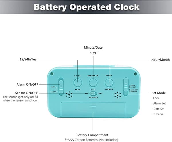JUSTUP Batteridriven sladdlös digital väckarklocka för sovrum, kontor, tunga sovare, barn (blå)