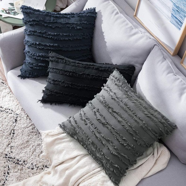 Set med 2 dekorativa Boho-kuddfodral i linne med randigt jacquardmönster, kuddfodral för soffa, vardagsrum, sovrum, 12x20 tum, svart