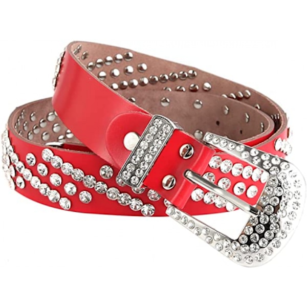 Damer Western Rhinestone Bling Cowgirl Hullet Læderbælte Studded Rhinestone Bælte (Rød)