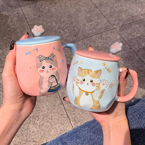 Söt kattmugg, högkvalitativ keramik, hög temperaturbeständig, 14oz med 3D-lock och sked, julklapp födelsedagspresent, katt rosa