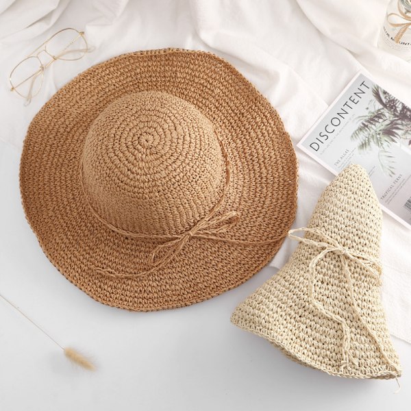 Dotpet Dame Mode Sommer Halm Hat Sol Hat Strand Cap De Vaje Foldbar（Beige）