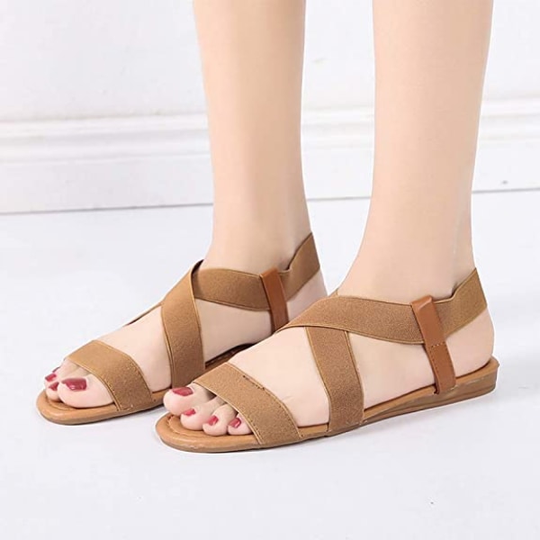 Elastiske søte flate sandaler for kvinner Casual sommer strand sko sandal ferie reise gladiator sandaler ------ Brun（Størrelse 36）