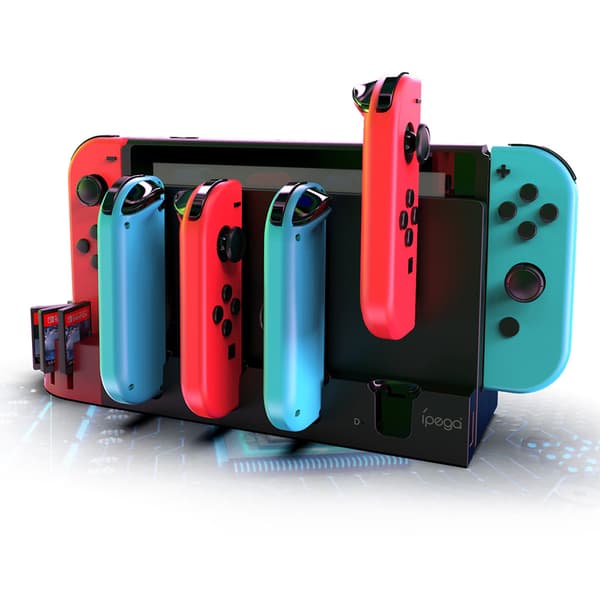 Oplader til Nintendo Switch med 4 porte til Joycons, Controller, Gamepad, Ladestation, Dock Station, Holder til Switch-konsol, Oplader, 9 spil slots