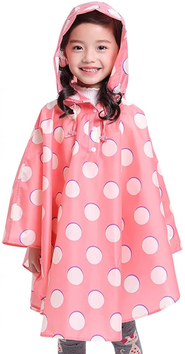 Barne regnponcho med hette, rosa prikker, M
