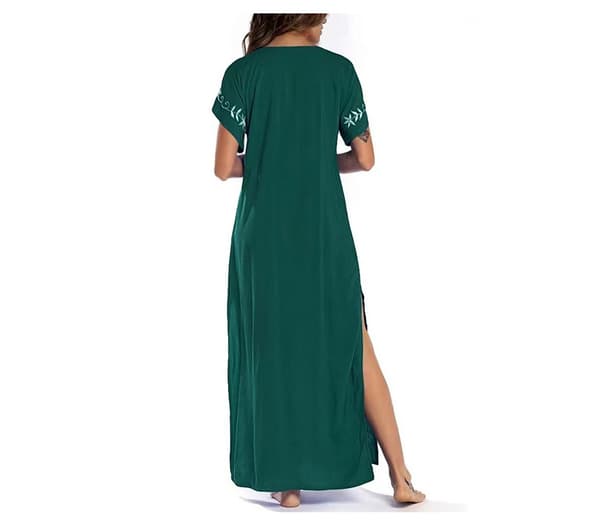 Kvinder Broderi Kortærmet Bikini Badedragt Cover Up Side Split Strand Kaftan Kjole