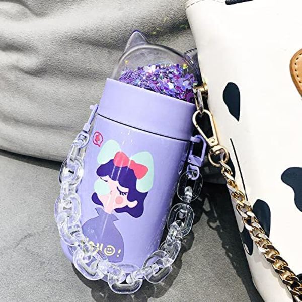 Tyttöjen Vedenpullo Koululaiselle Kimalteleva Glitter Ruostumattomasta Teräksestä Valmistettu Termos Kissakuvioisella Kannella (tyttöjen purppura C, 280 ml)