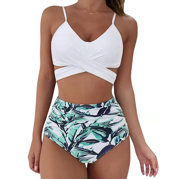 Damomslag Bikini Set Push Up Hög Midja Tvådelad Baddräkt Split Ormhud Tryck Baddräkt för Simning Vattensport (Vit) L