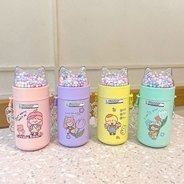 Vanflaske for skolebarn med glitrende rustfritt ståltermos med kattesekvenslokk Cystal-stroppkopp bursdagsgave (jente rosa C, 280 ml)