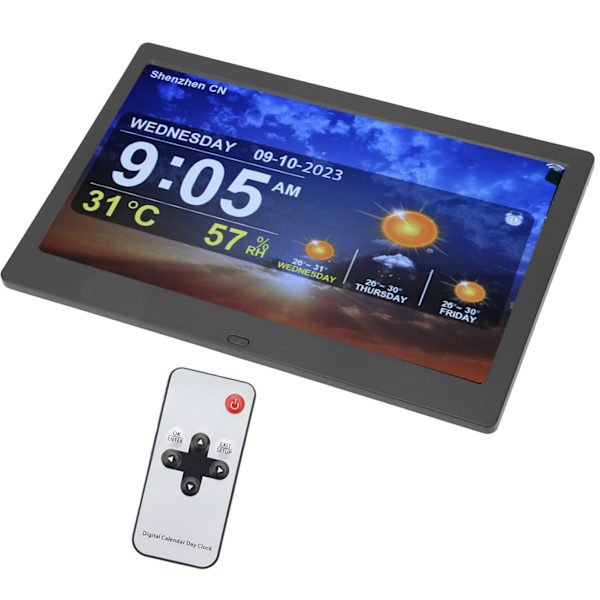 Digital kalender väckarklocka 10 tum stor display WiFi automatisk dimbar datum dag väckarklocka med fjärrkontroll för hem  Svart