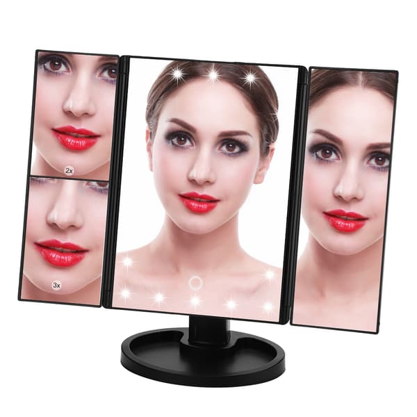 Tri Fold 22 LED Lys 360° Roterende USB Opladning Makeup Spejl Bordplade Touch Screen Sort
