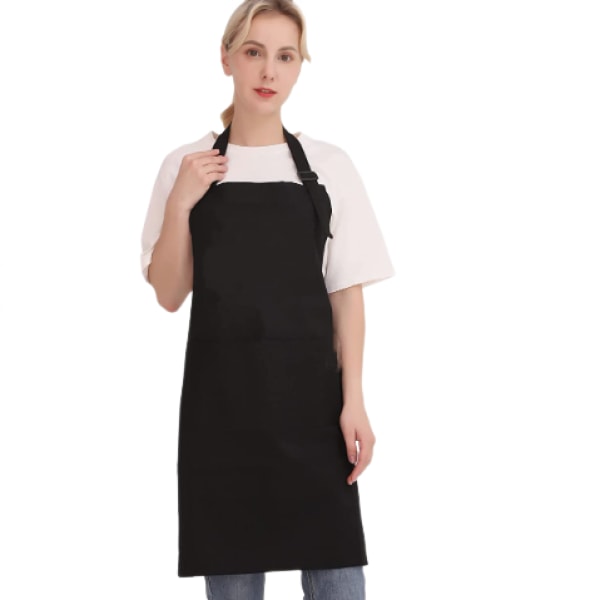 Justerbart svart köksförkläde i 100 % bomull med 2 fickor, kockförkläde, förkläde för kvinnor och män