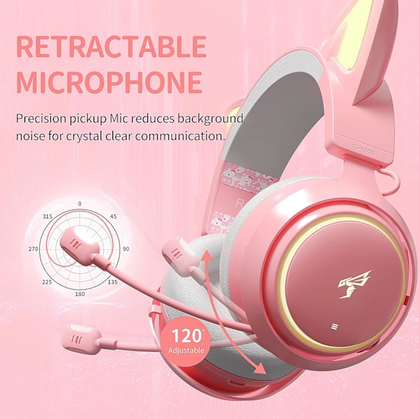 GS510 Kattöron Headset Trådlöst Gaming Headset för PS5/ PS4/ PC, Rosa Headset 2.4G med Retractable Mic, 7.1 Stereo Ljud, 8 Timmars Spela