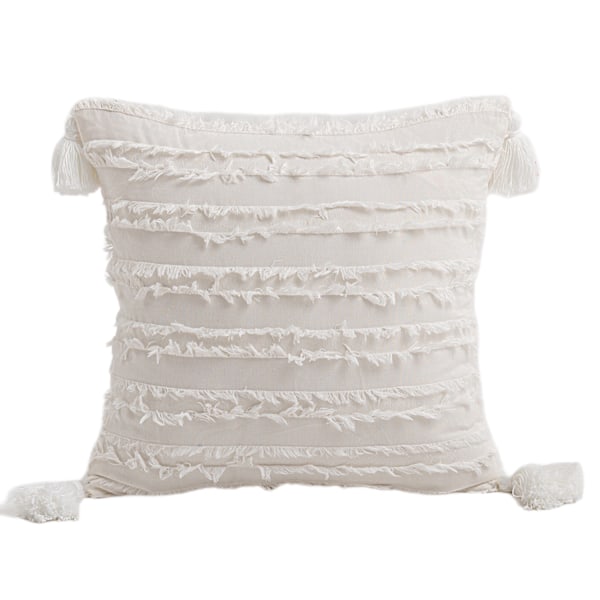 Pudebetræk 18x18 tommer Stribet Jacquard Bomuld Linned Dekorative Pudebetræk til Hjemmeindretning Sofa Landlig Stue Soveværelse（Hvid）