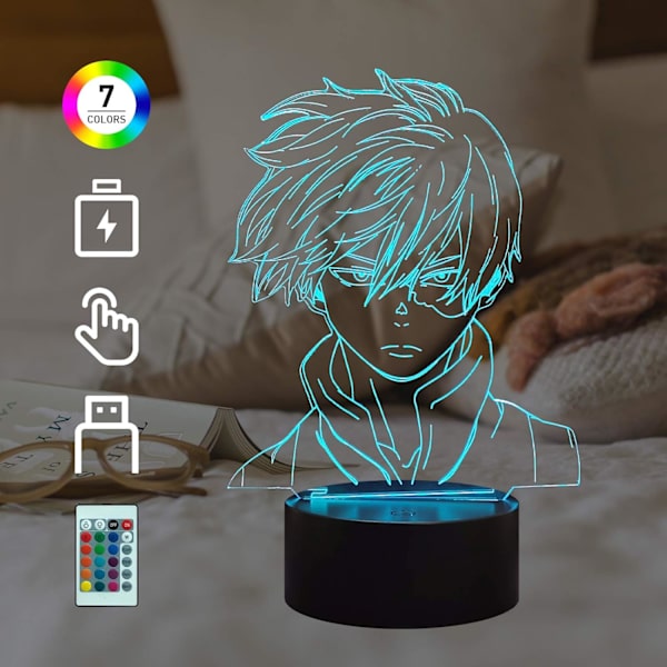 WJ 3D nattlampa Amine Figur Shoto Todoroki 16 Färg 4 Flash Läge Fjärrkontroll & Touch LED Illusion Sovrum Dekor Akryl Sängbord Skrivbordslampa My Hero Academia-C
