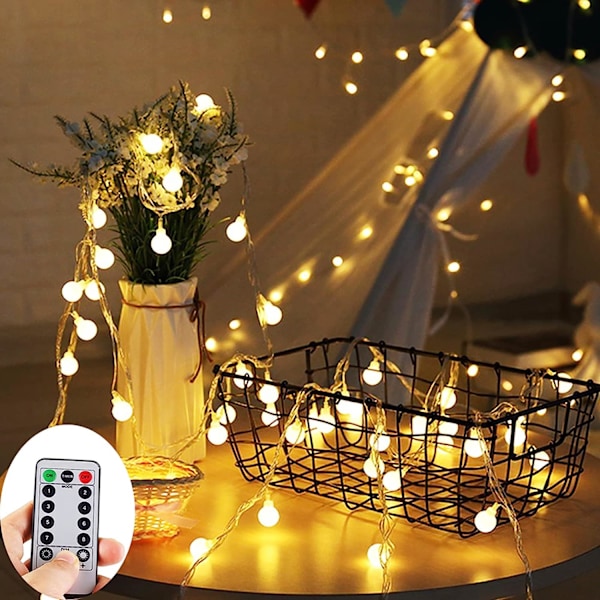 Batteridrivna ljusslingor, 33ft/10m 100 LED-lampor Varmvit Batteridrivna glob ljusslingor med fjärrkontroll, Dekorativ timer Fe-ljus för