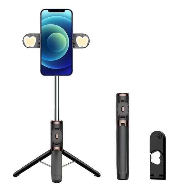 104 cm telefonstativ med dobbelt foldbart fyldlys og Bluetooth-fjernbetjening til selfie live-udsendelse sort
