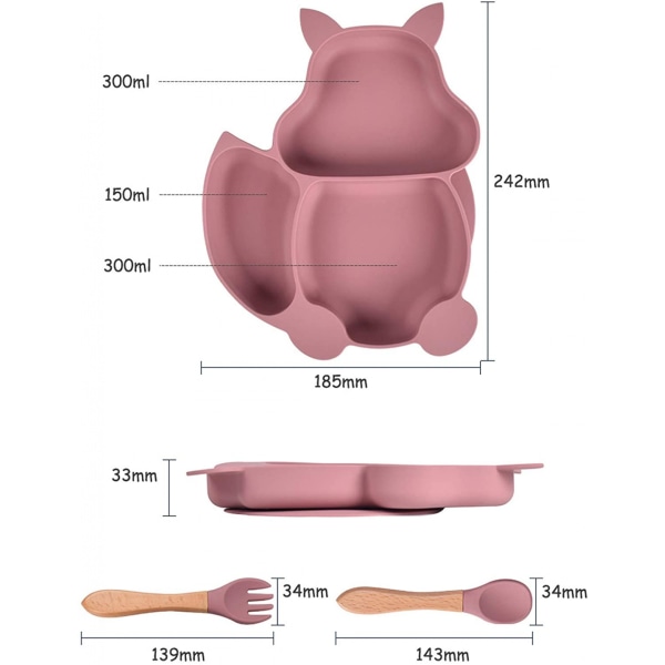 Baby Plate Bowl, Baby Cutlery Set Mini Silicone Dinner Tableware (Dinner plate + wooden handle spoon) Orange