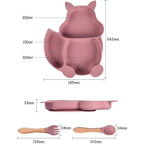 Bebek Tabağı Kase, Bebek Çatal Bıçak Takımı Mini Silikon Yemek Masa Takımı (Yemek tabağı + tahta saplı kaşık) Gri 2